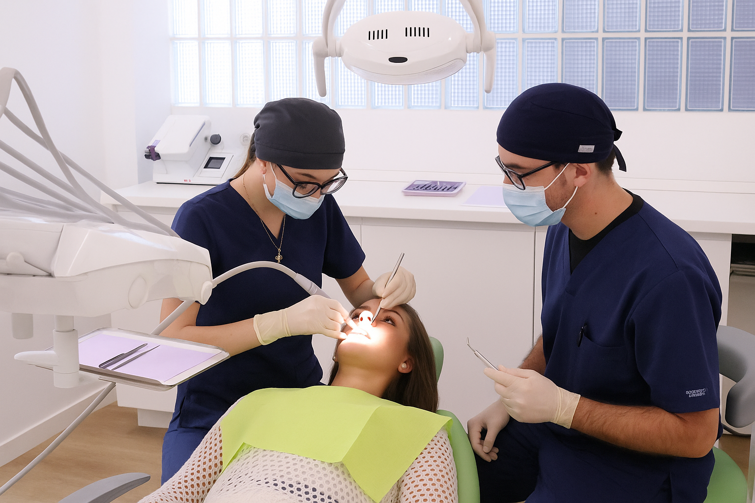 Equipo de Clínica Dental Peyrí realizando un tratamiento en el gabinete