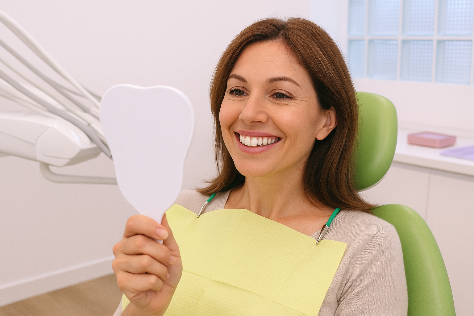 Paciente mirando su nueva sonrisa en el espejo en Clínica Dental Peyrí